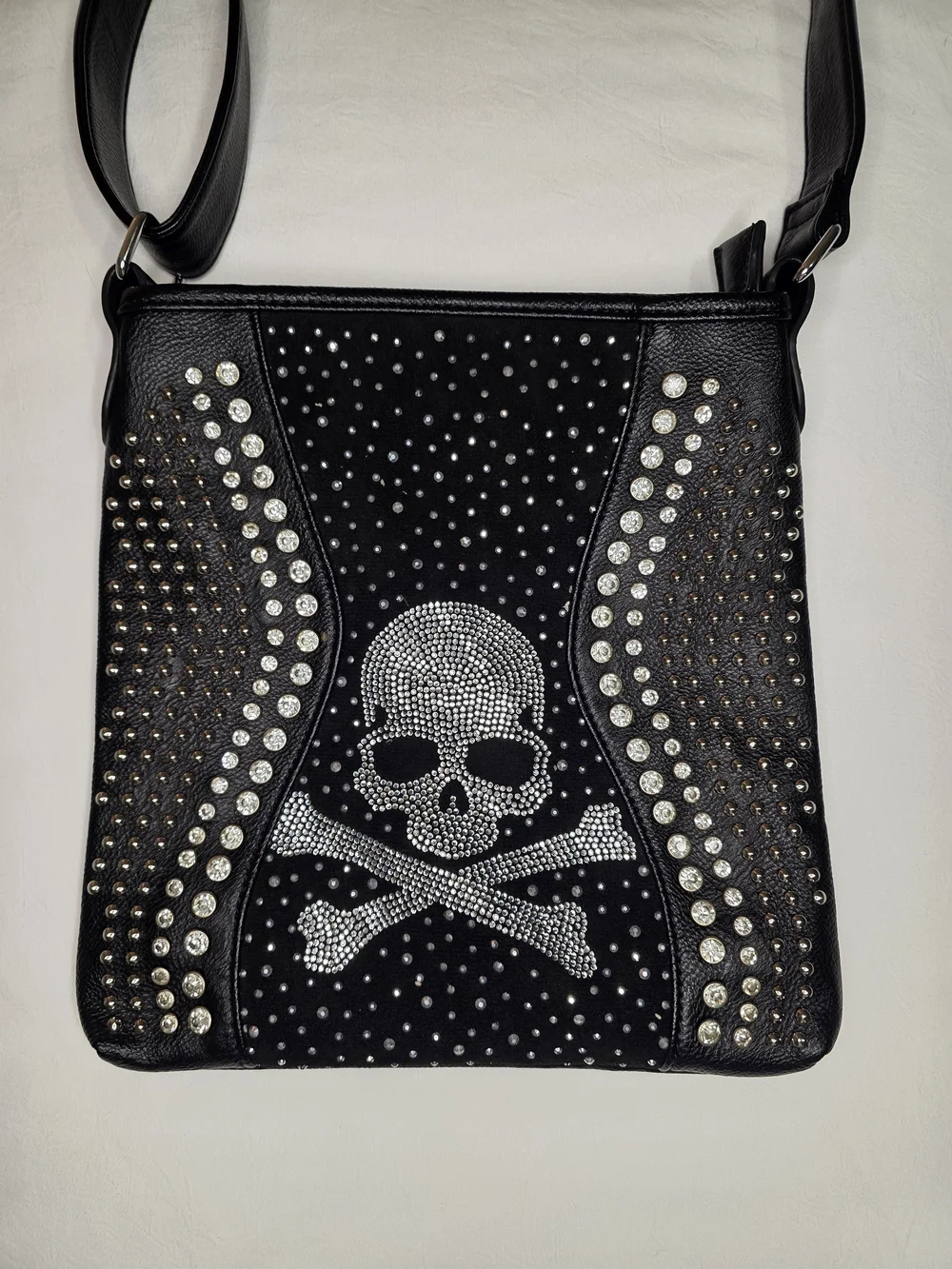 Rhinestone Skull & Crossbones Studded Black Crossbody Bag